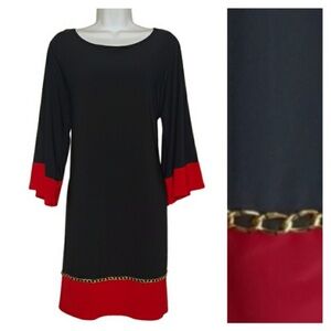 MSK Gold Chain Rust/red Black Colorblock Flare Sleeve Slinky Sheath Dress L